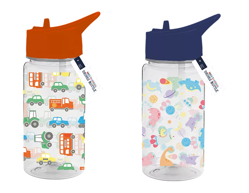 Two 400ml drink bottles featuring cars, space, and dinosaur designs from Gem Imports, made of durable plastic.