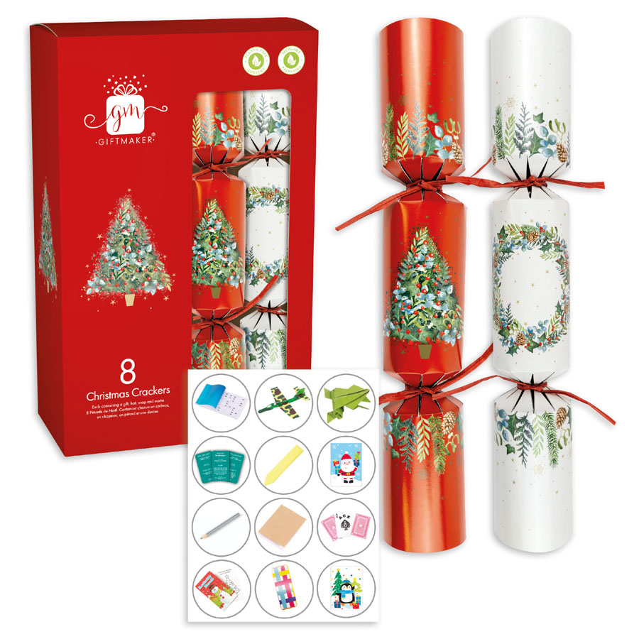 Eight-pack of IG Design Group 12-inch traditional foliage cracker party accessories with green and gold leaf design.