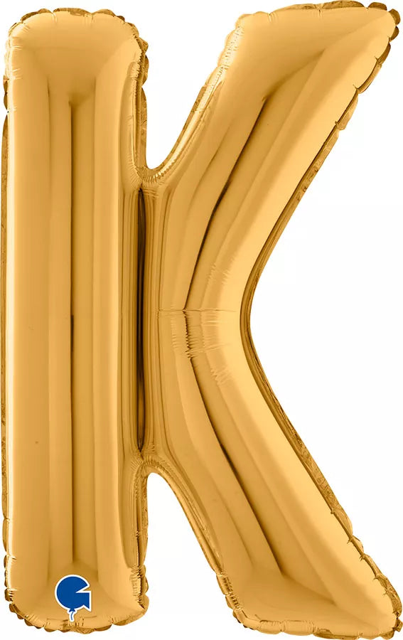 Gold foil balloon shaped as the letter K, 26 inches tall, by Grabo, displayed inflated on a white background.