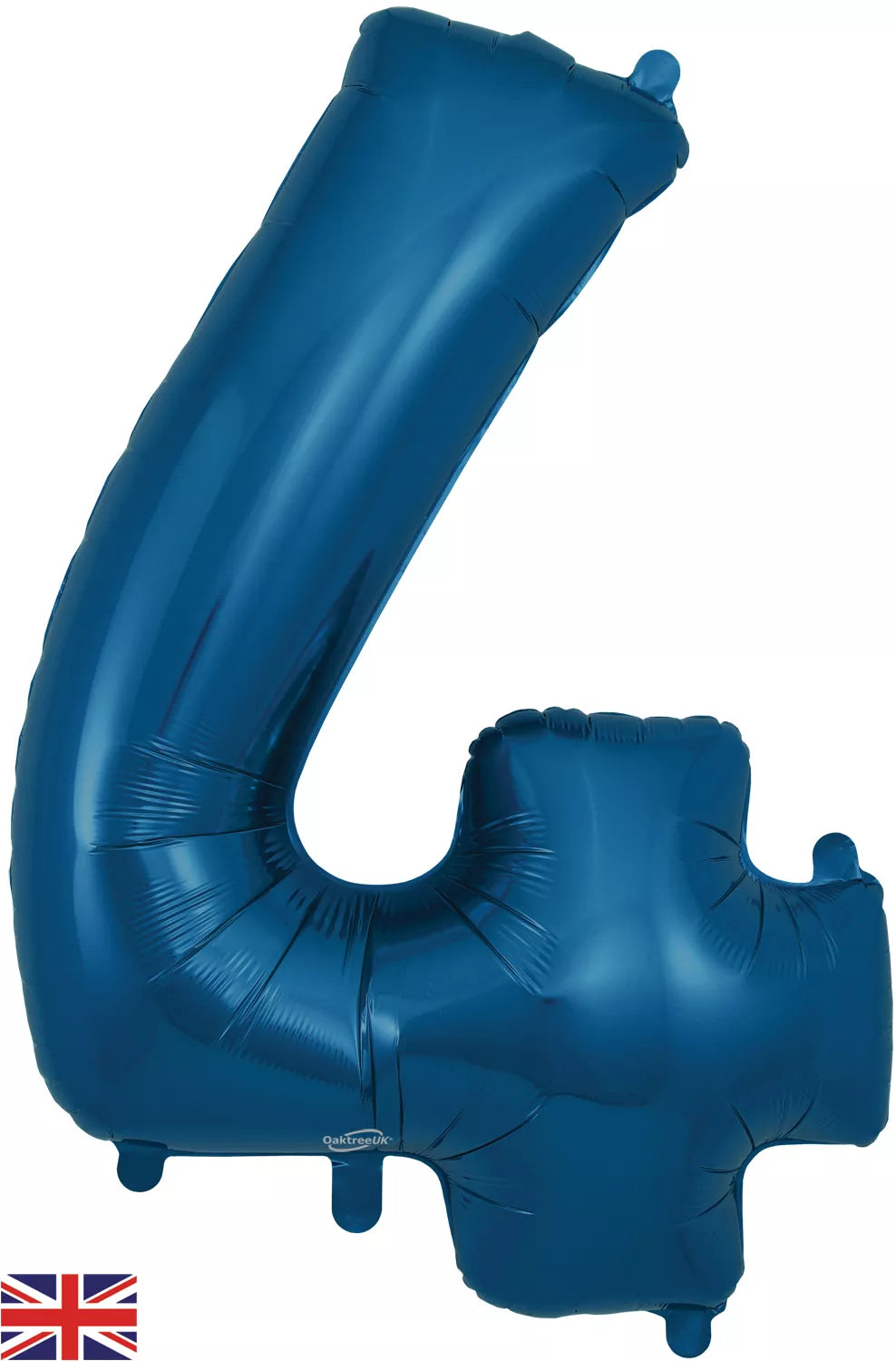 Oaktree navy blue foil balloon shaped as the number 4, 34 inches tall, used for celebrations and decorations.