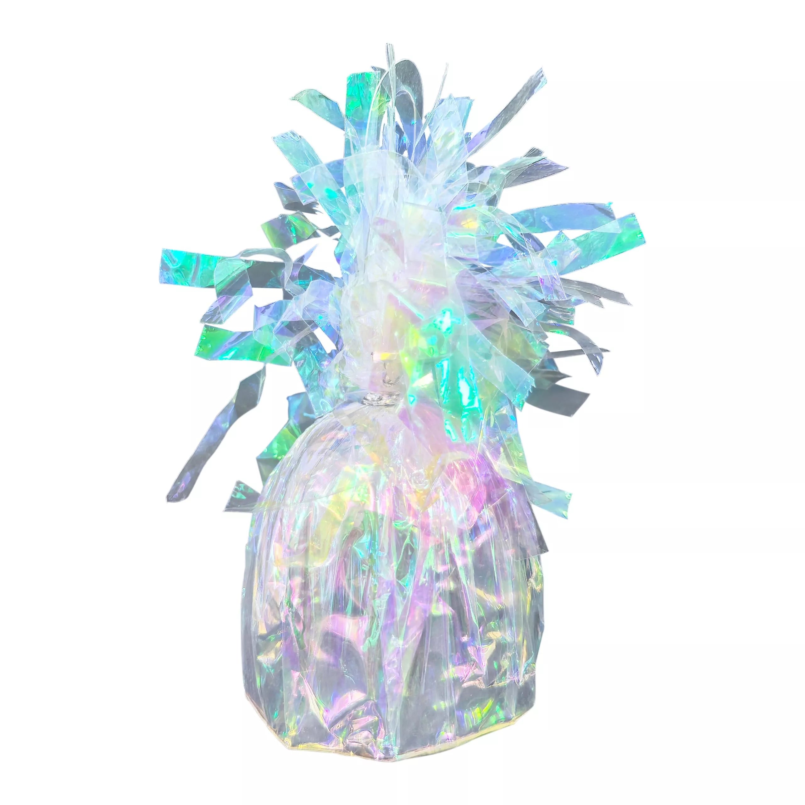 Kalisan iridescent tassel balloon weight with colorful tassels and shiny surface, designed to secure helium balloons.