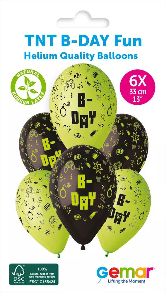 Six Gemar TNT birthday latex balloons with colorful printed designs, 13-inch size, perfect for celebration decorations.