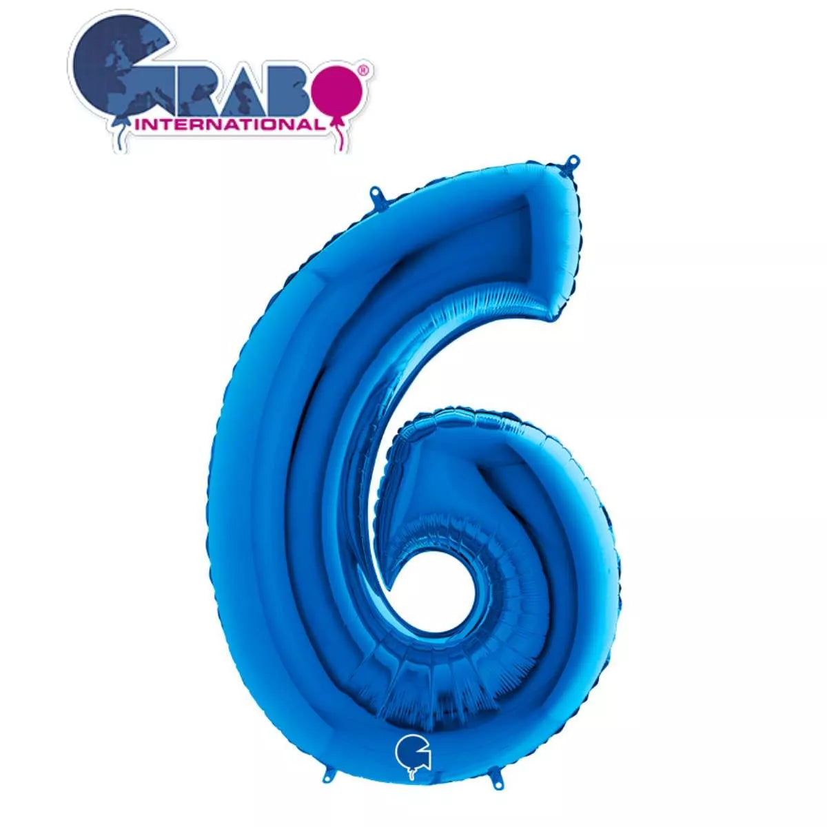 Blue Grabo foil balloon shaped as the number 6, 40 inches tall, perfect for celebrations and special occasions.