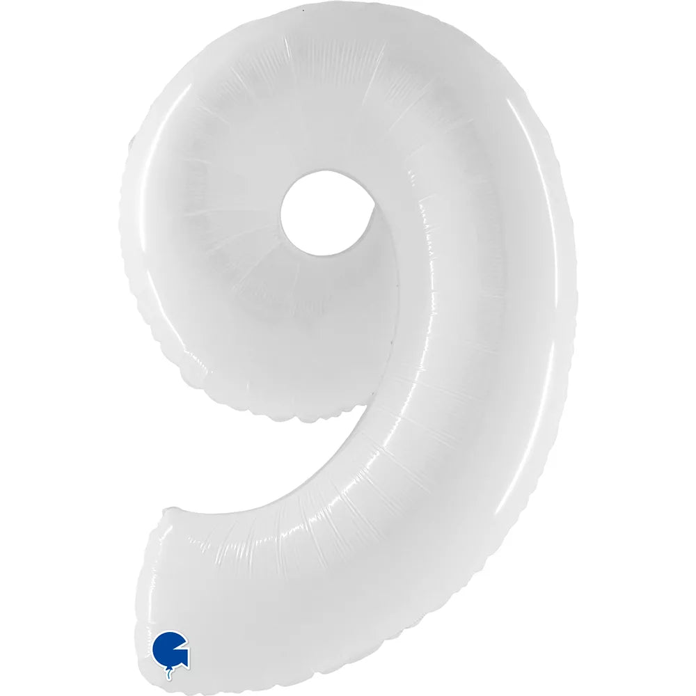Shiny white 40-inch Grabo foil number 9 balloon with reflective surface, ideal for celebrations and special events.