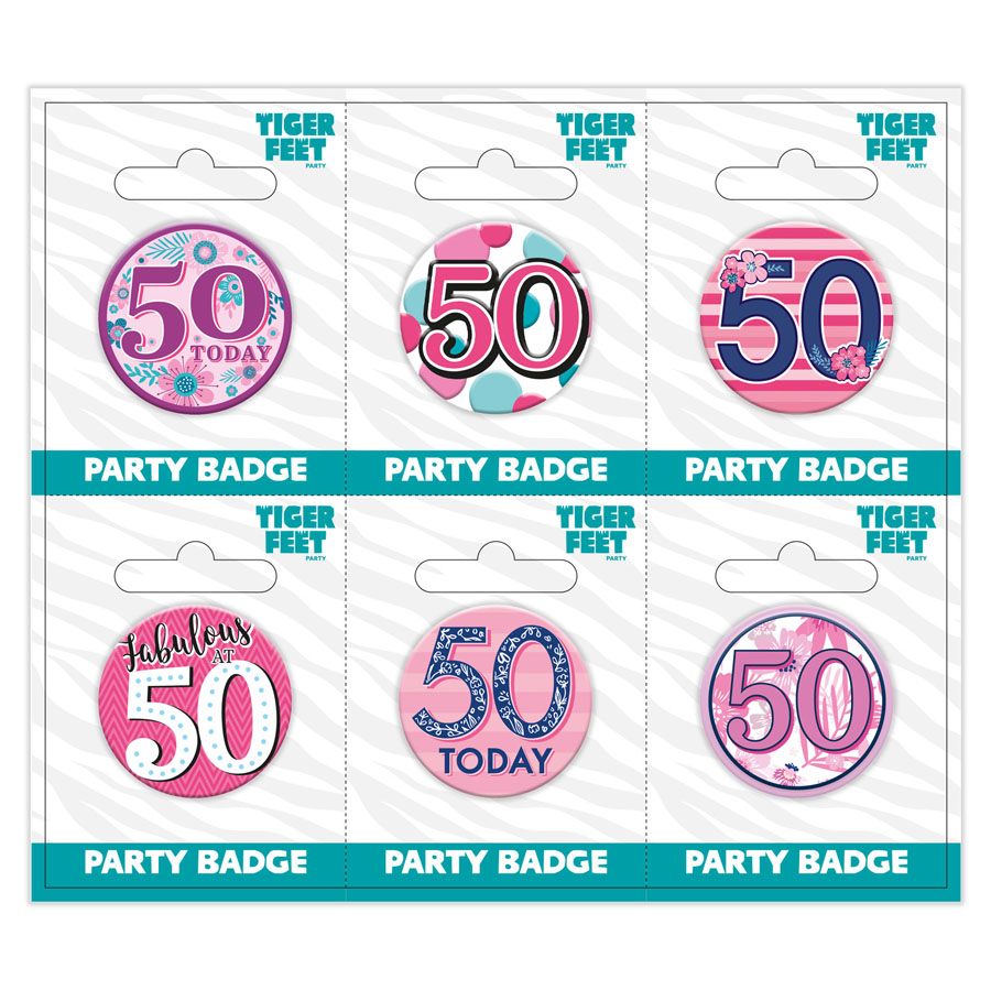 Six small Tiger Feet birthday badges featuring the number 50, ideal for celebrating milestone age events.