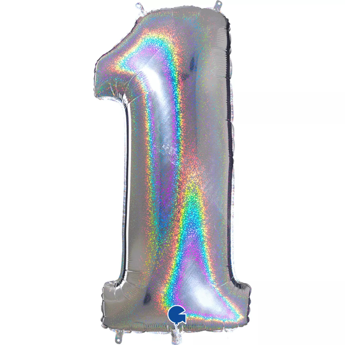 Silver foil balloon shaped as the number 1 with holographic glitter design by Grabo, 40 inches tall.