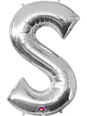Silver 34-inch Anagram foil balloon shaped as the letter S, shiny and reflective, perfect for celebrations and decorations.
