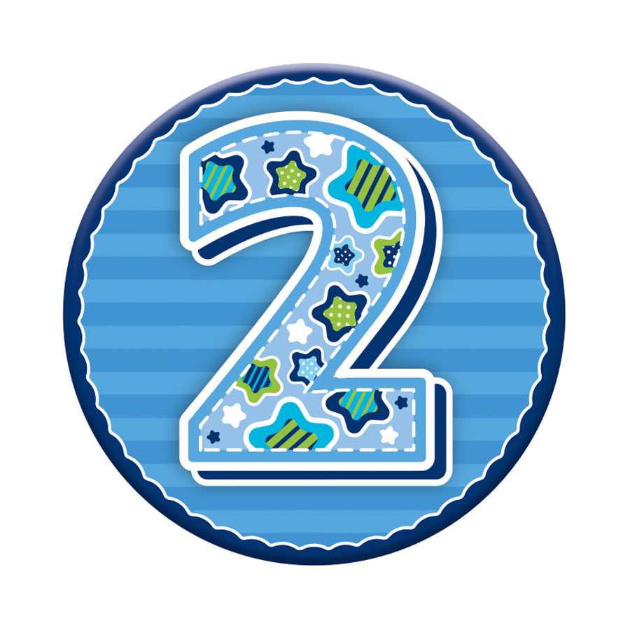 Six small birthday badges featuring age 2 from Tiger Feet, with colorful designs and "Happy Birthday" themes.