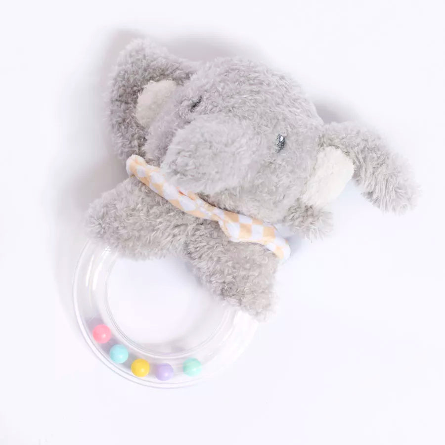 Tiger Feet soft toy rattle elephant, plush baby toy with colorful fabric, designed for infants and gentle play.