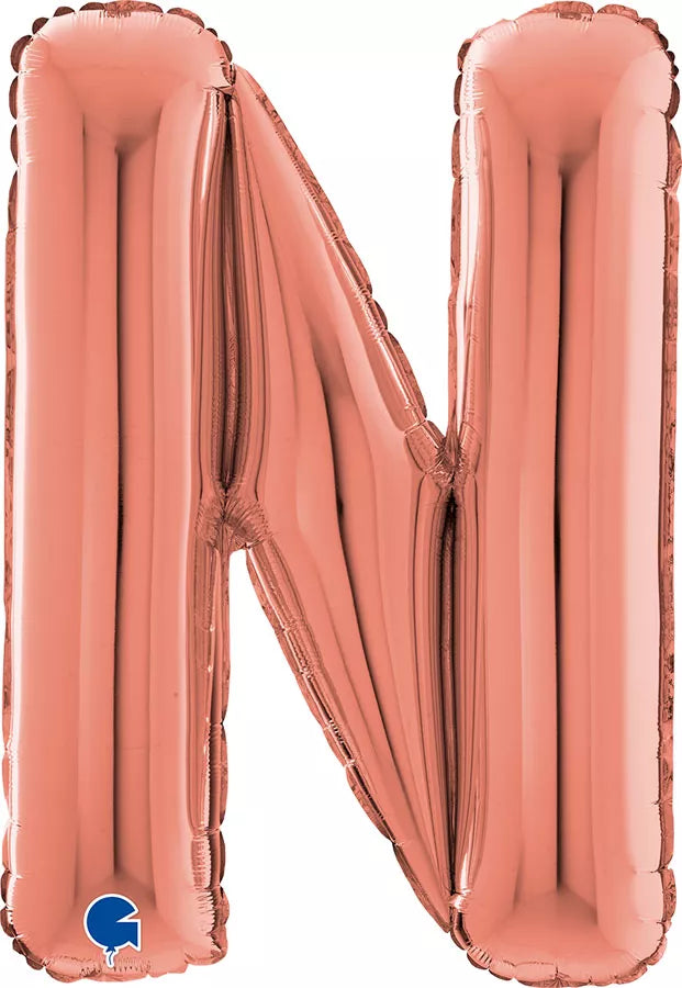 Rose gold Grabo foil balloon in the shape of the letter N, 26 inches tall, with shiny metallic finish and letter N design.