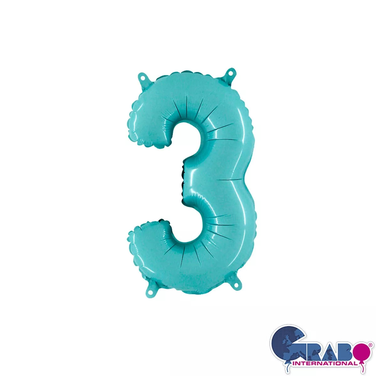 Pastel blue Grabo foil balloon in the shape of number 3, 14-inch size, suitable for celebrations and decorations.