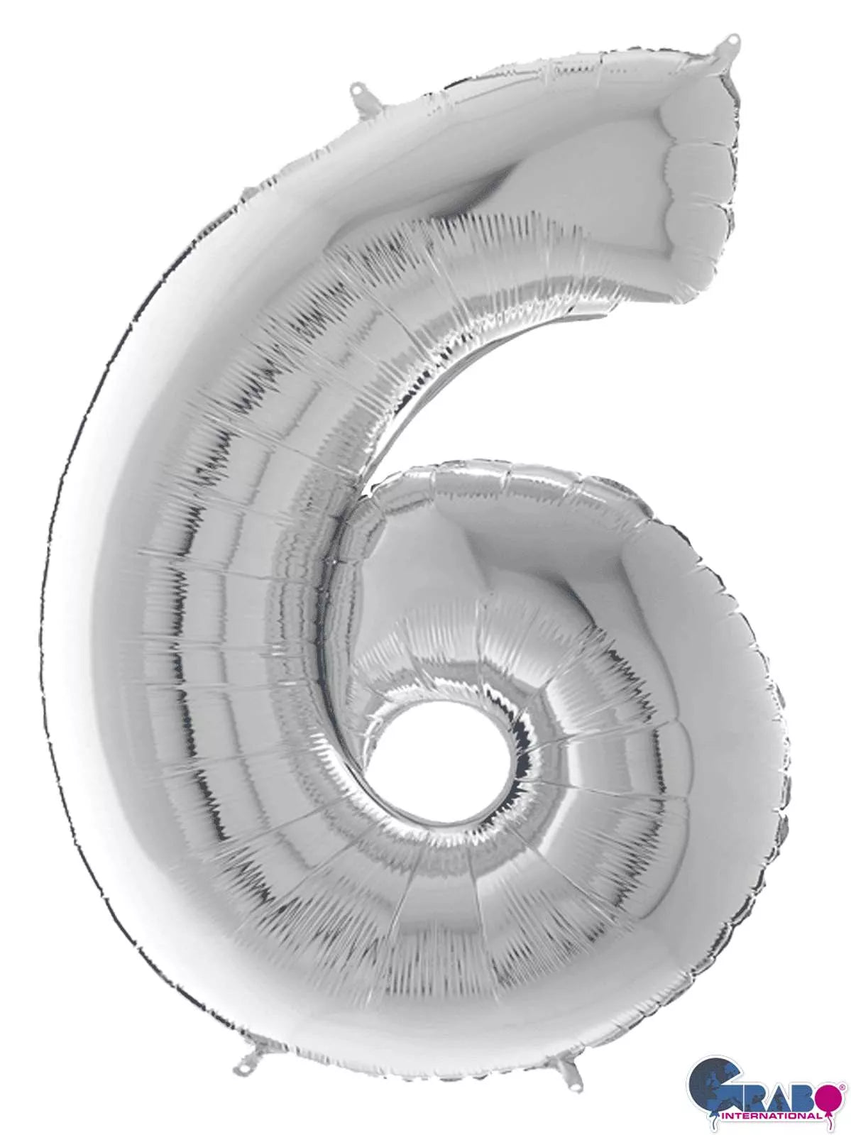 Silver Grabo foil balloon shaped as the number 6, measuring 26 inches tall, perfect for celebrations and decorations.