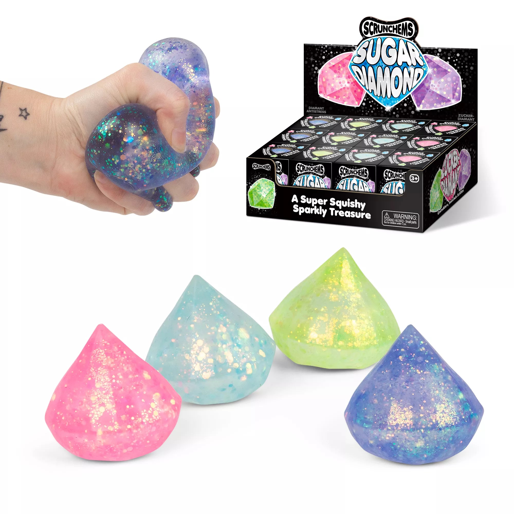 Colorful Scrunchems Sugar Diamond toys from One For Fun in a 12-pack, featuring vibrant, twistable plastic building pieces.