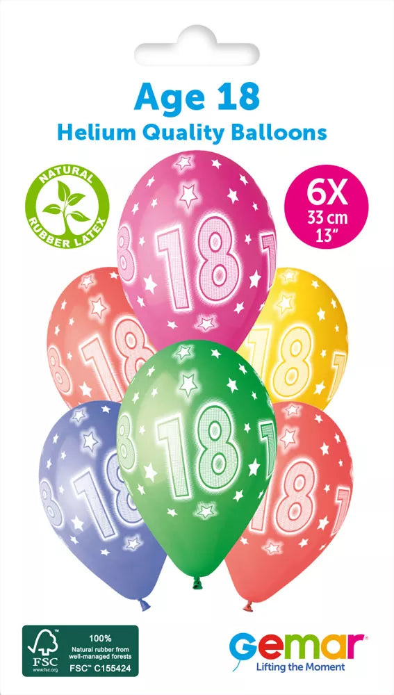 Gemar Cosmic Stars 13-inch latex balloons in a 6-pack with printed star designs for celebration decorations.