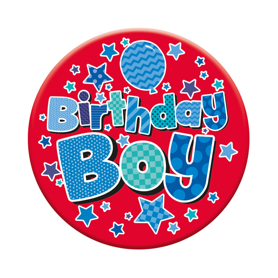 Six small birthday open badges by Tiger Feet featuring colorful designs for celebration and party decorations.