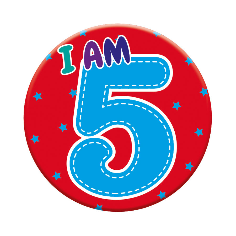 Six small birthday badges featuring the number 5 from Tiger Feet, perfect for birthday celebrations and decorations.