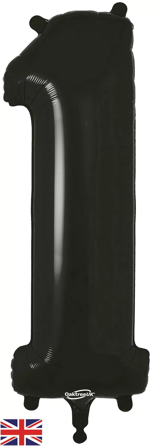 Oaktree black foil balloon shaped as the number 1, 34 inches tall, designed for celebrations and party decorations.