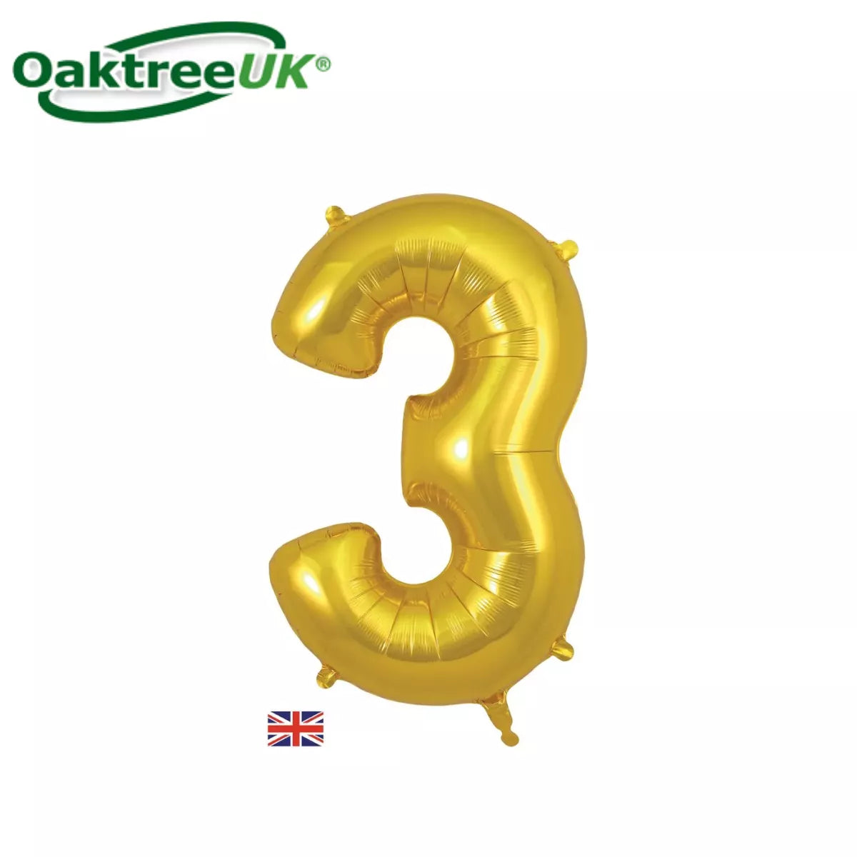 Gold Oaktree foil balloon in the shape of the number 3, measuring 34 inches tall, perfect for celebrations and decorations.