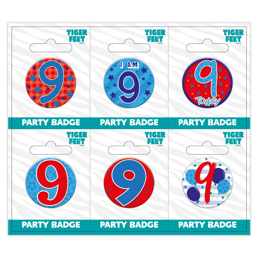 Six small Tiger Feet birthday badges featuring the number 9, perfect for celebrating a ninth birthday event.