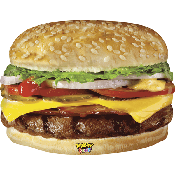 Grabo Mighty Bright cheeseburger foil balloon, 31-inch size, featuring a colorful burger design on shiny foil material.