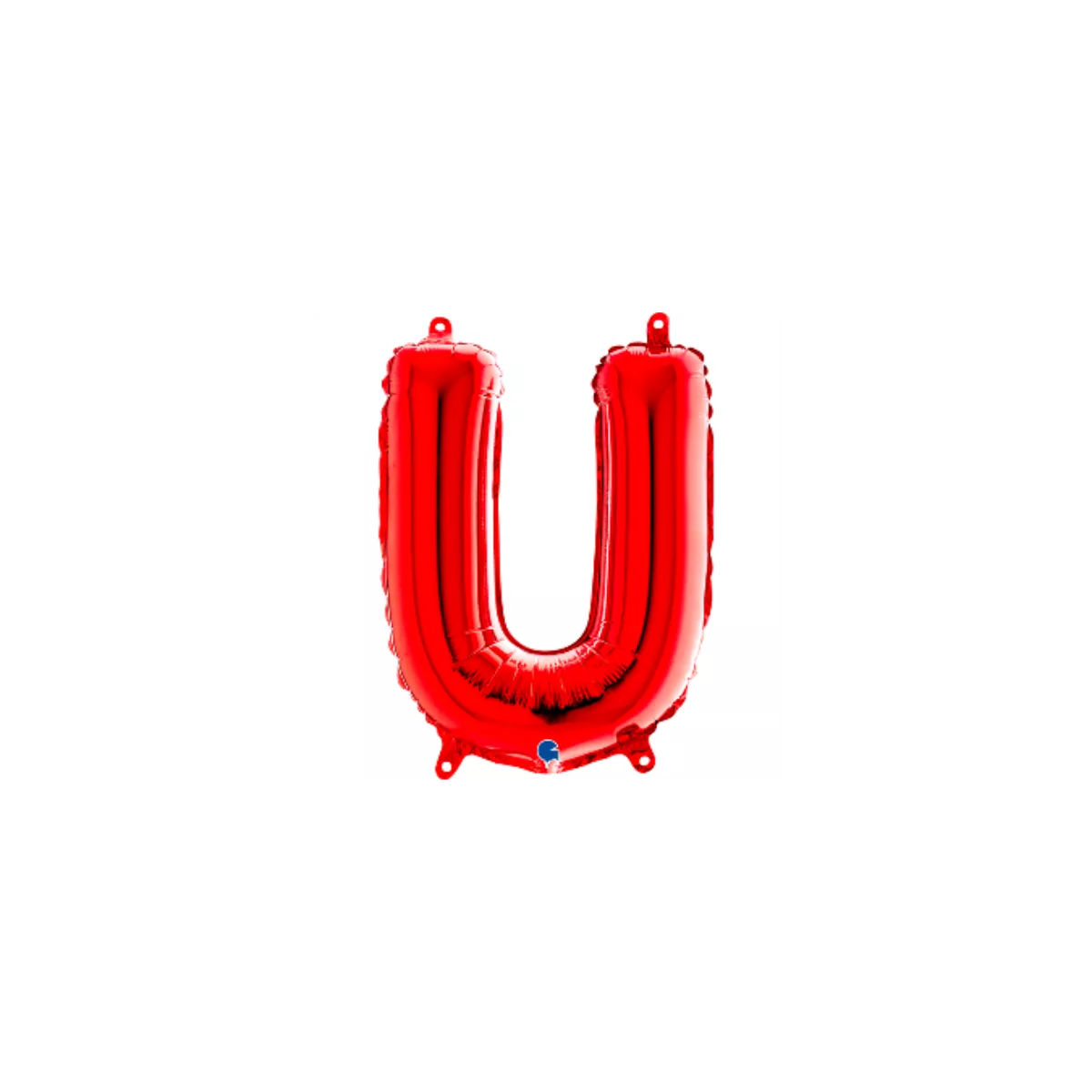 Red Grabo foil balloon in the shape of the letter U, 14 inches tall, with shiny metallic surface and printed brand logo.