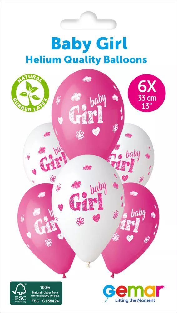 Set of six Gemar Baby Girl 13-inch latex printed balloons featuring colorful baby-themed designs.