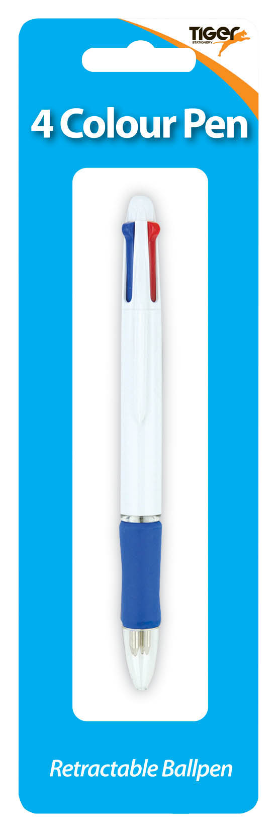 Tiger Stationery ballpoint pen with four ink colors in a sleek design, featuring a clip and multiple color selectors.