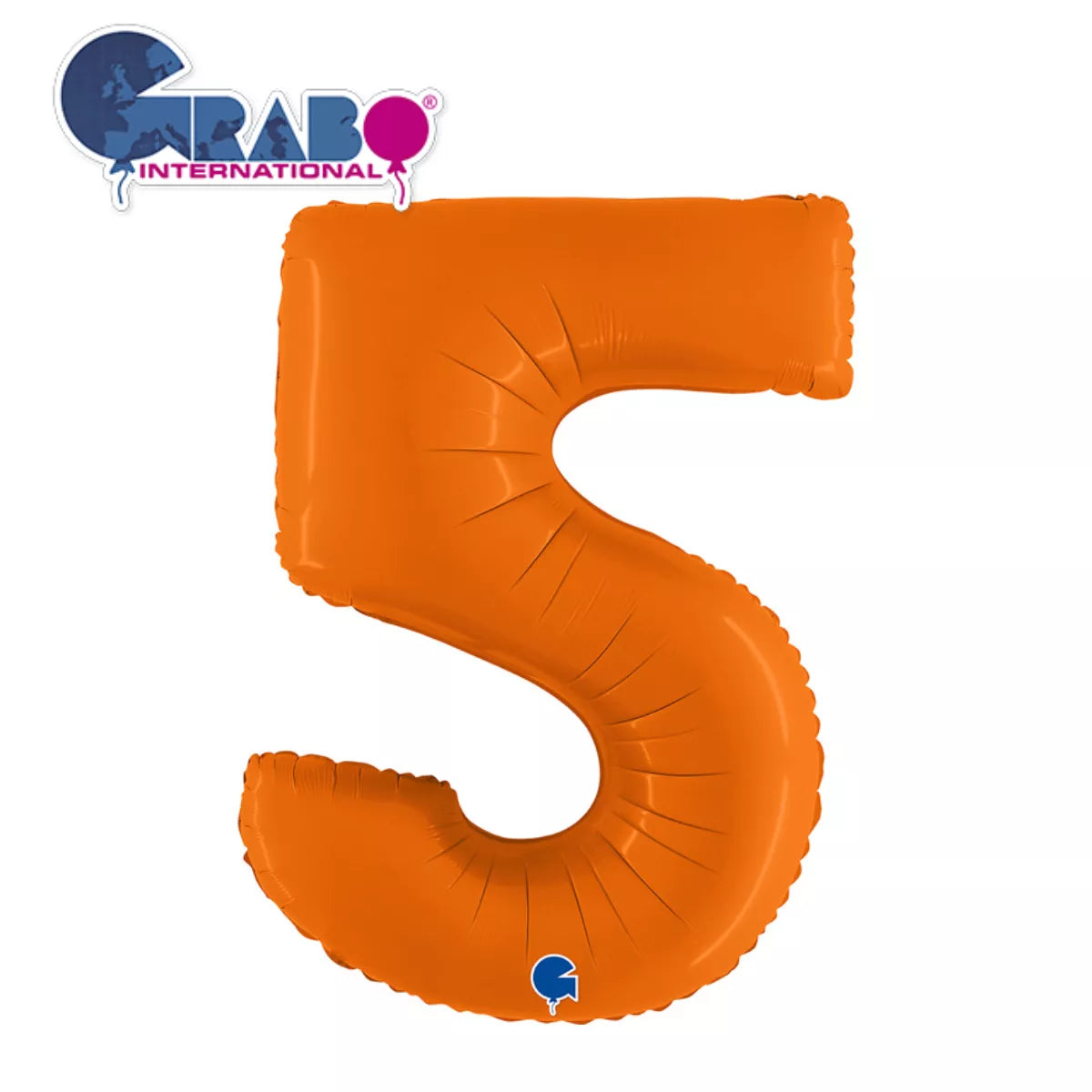 Matte orange Grabo foil balloon in number 5, 40-inch size, featuring a shiny, reflective surface and a festive design.