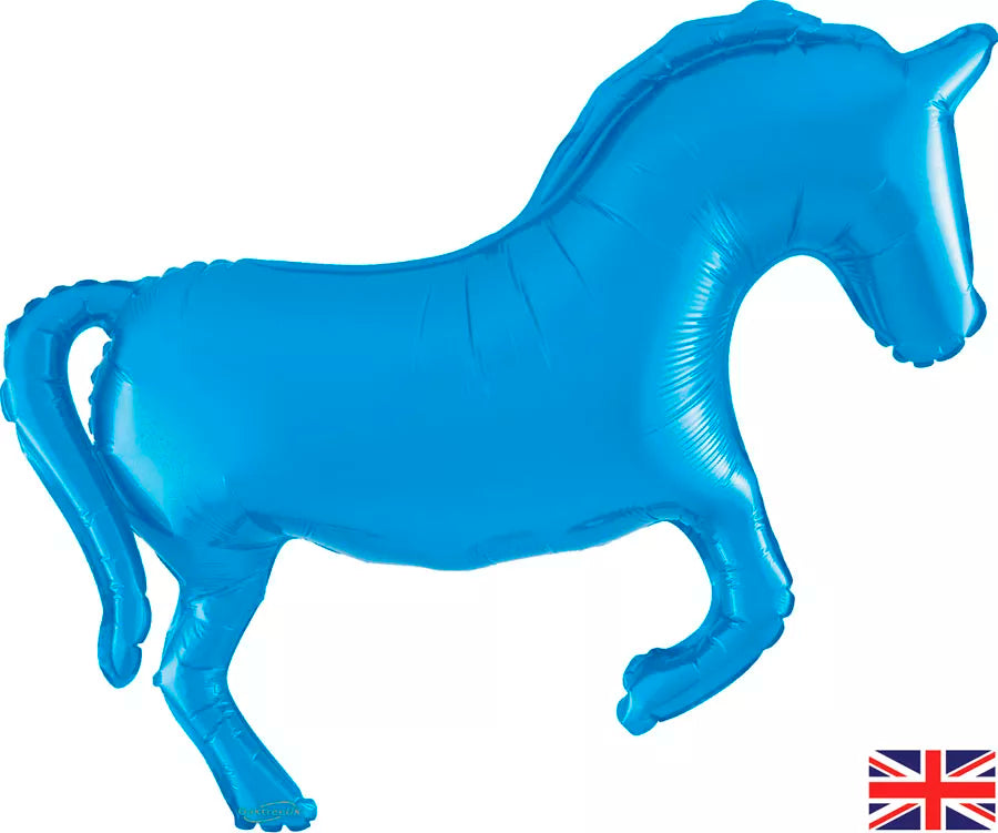 Oaktree Horse Metallic Blue 35-inch foil balloon featuring a shiny horse design on a vibrant blue background.