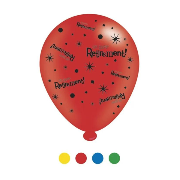 Assorted 10-inch APAC latex printed balloons for retirement celebration, featuring colorful designs and cheerful motifs.