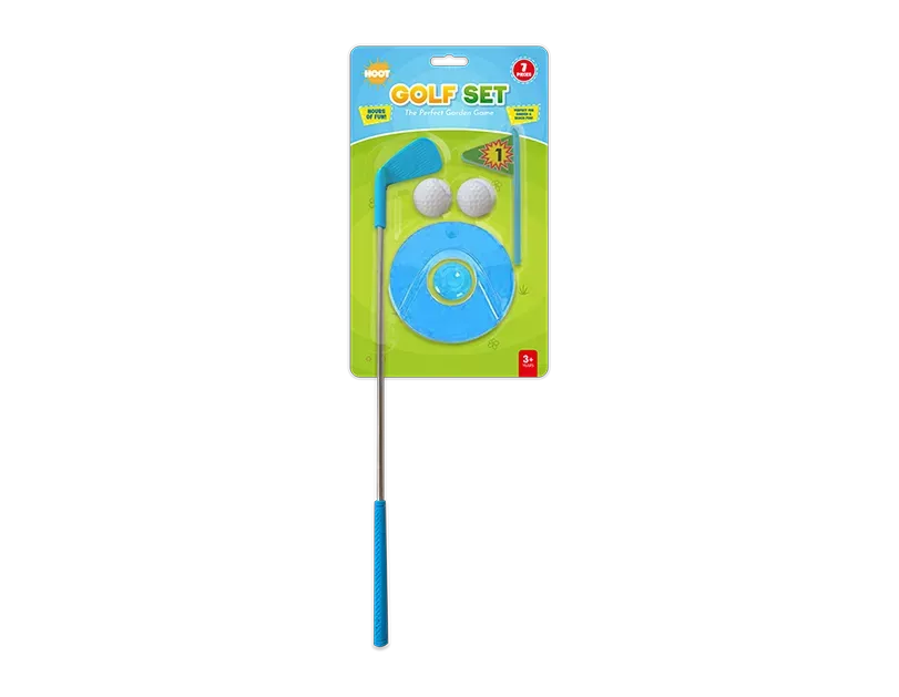 Colorful 7-piece Gem Imports golf toy set with mini golf clubs, balls, and flags for kids' indoor and outdoor play.