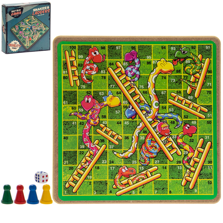 Retro Snakes and Ladders board game by Lesser & Pavey, featuring colorful game board with snakes and ladders for family fun.