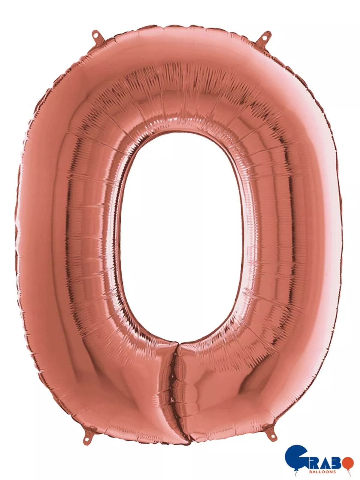 Rose gold Grabo foil balloon shaped as the number zero, 26 inches tall, with shiny metallic finish and bold number design.