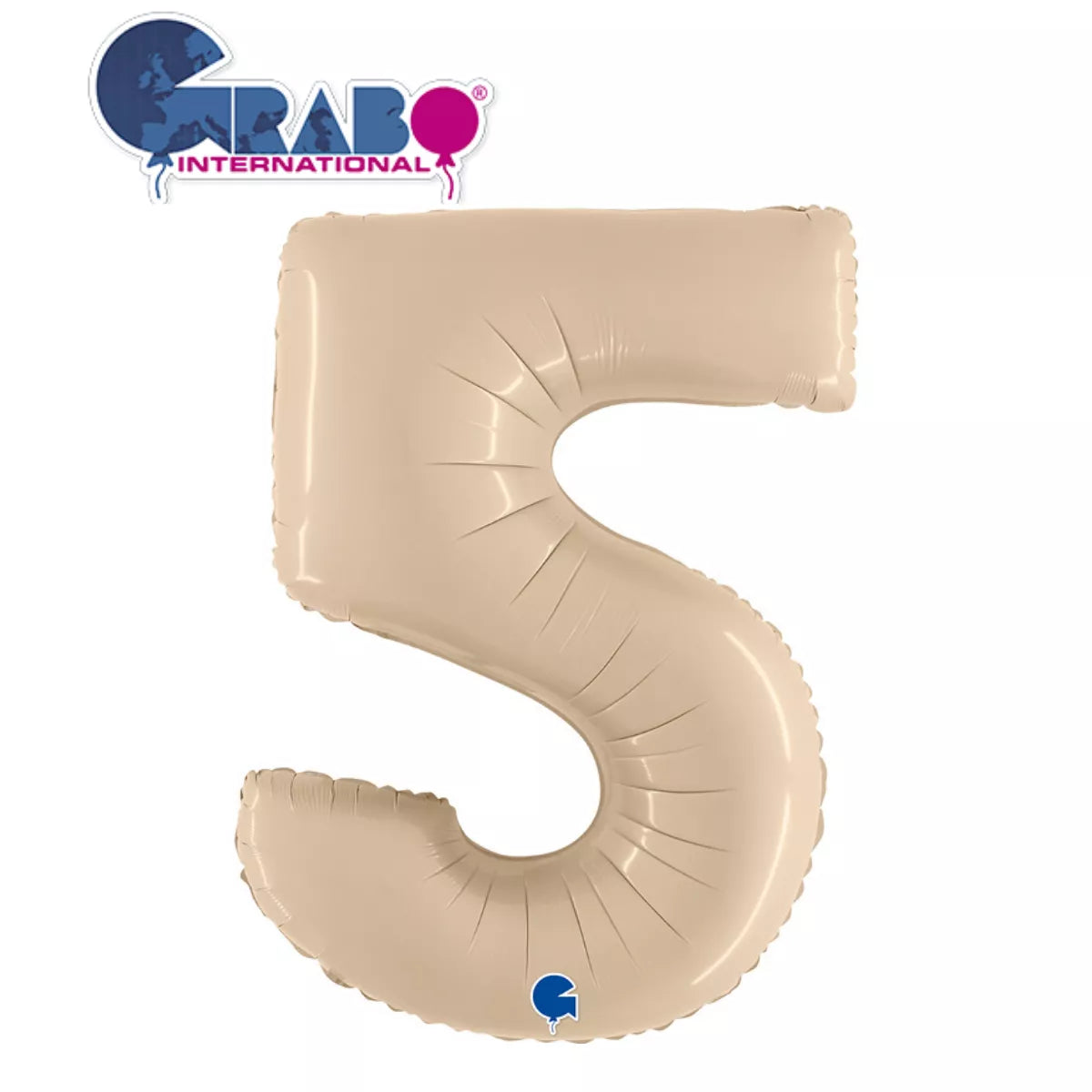 Cream satin foil number 5 balloon by Grabo, 40 inches tall, with shiny, smooth surface, designed for celebrations and decorations.