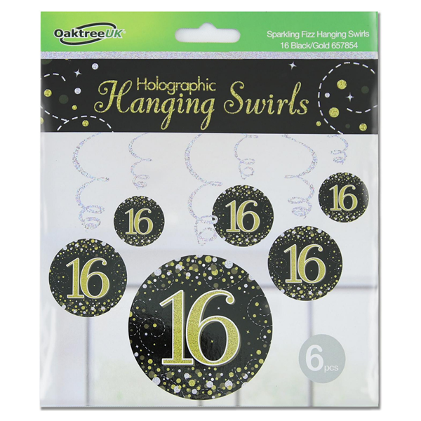 Oaktree Fizz Age 16 Black Hanging Swirls 6pk