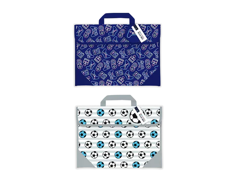 Pair of Gem Imports book bags with gaming and football designs, measuring 31.5x38.5cm, ideal for gifts or school use.