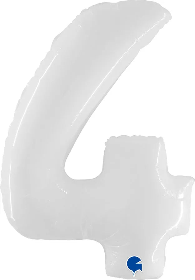 Shiny white 40-inch Grabo foil number 4 balloon with reflective surface, designed for celebrations and special occasions.