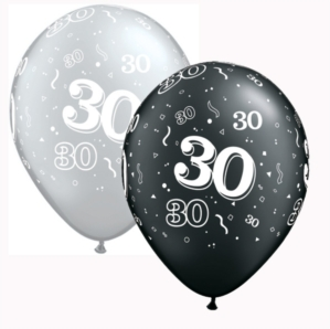 Black and silver Age 30 latex balloons by Qualatex, 11-inch printed latex balloons in a 25-pack, perfect for milestone celebrations.