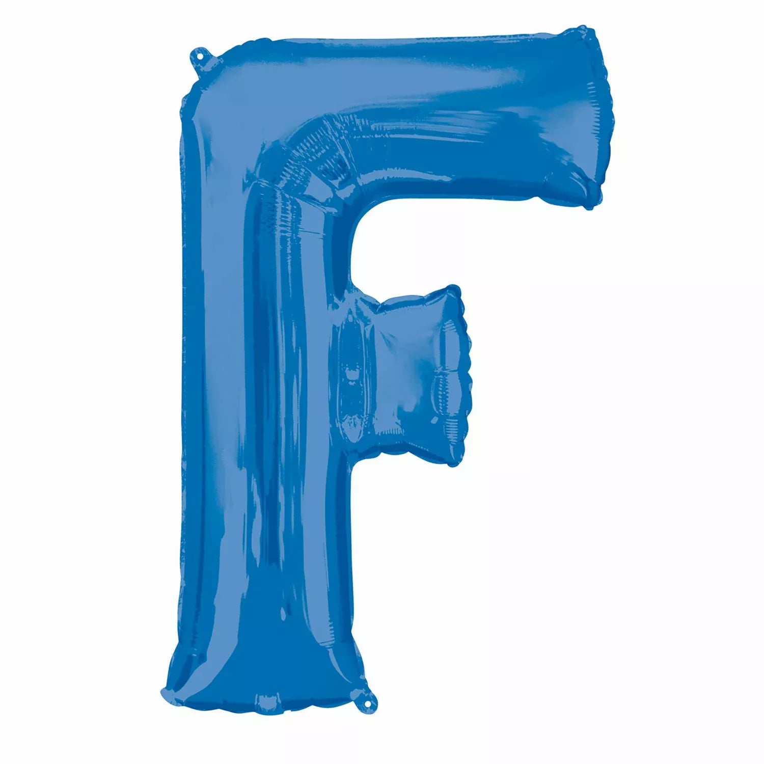 Blue Anagram foil balloon in the shape of the letter F, measuring 34 inches tall, with a shiny metallic finish.