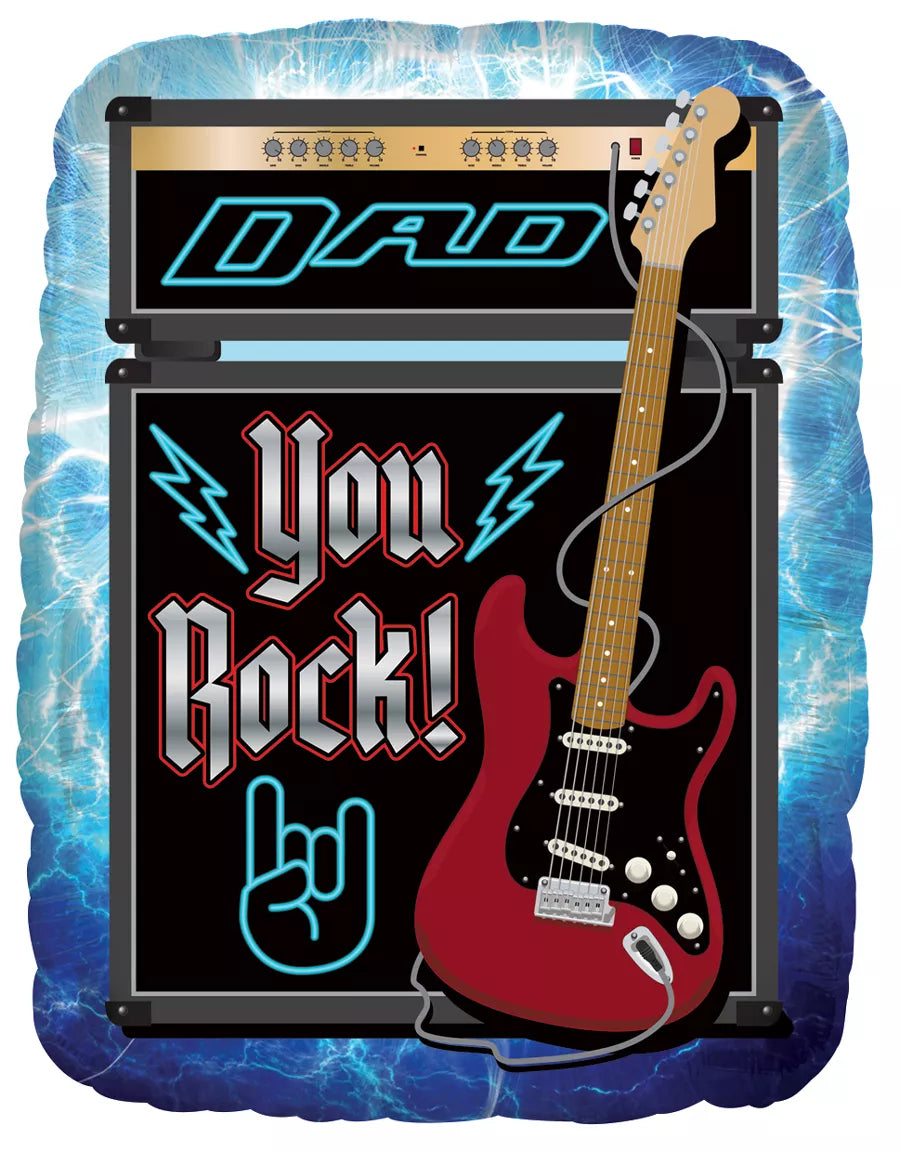 TRI Foil Balloon "Dad You Rock" 36-inch with bold gold and black lettering, shaped like a large celebratory sign for Father's Day.