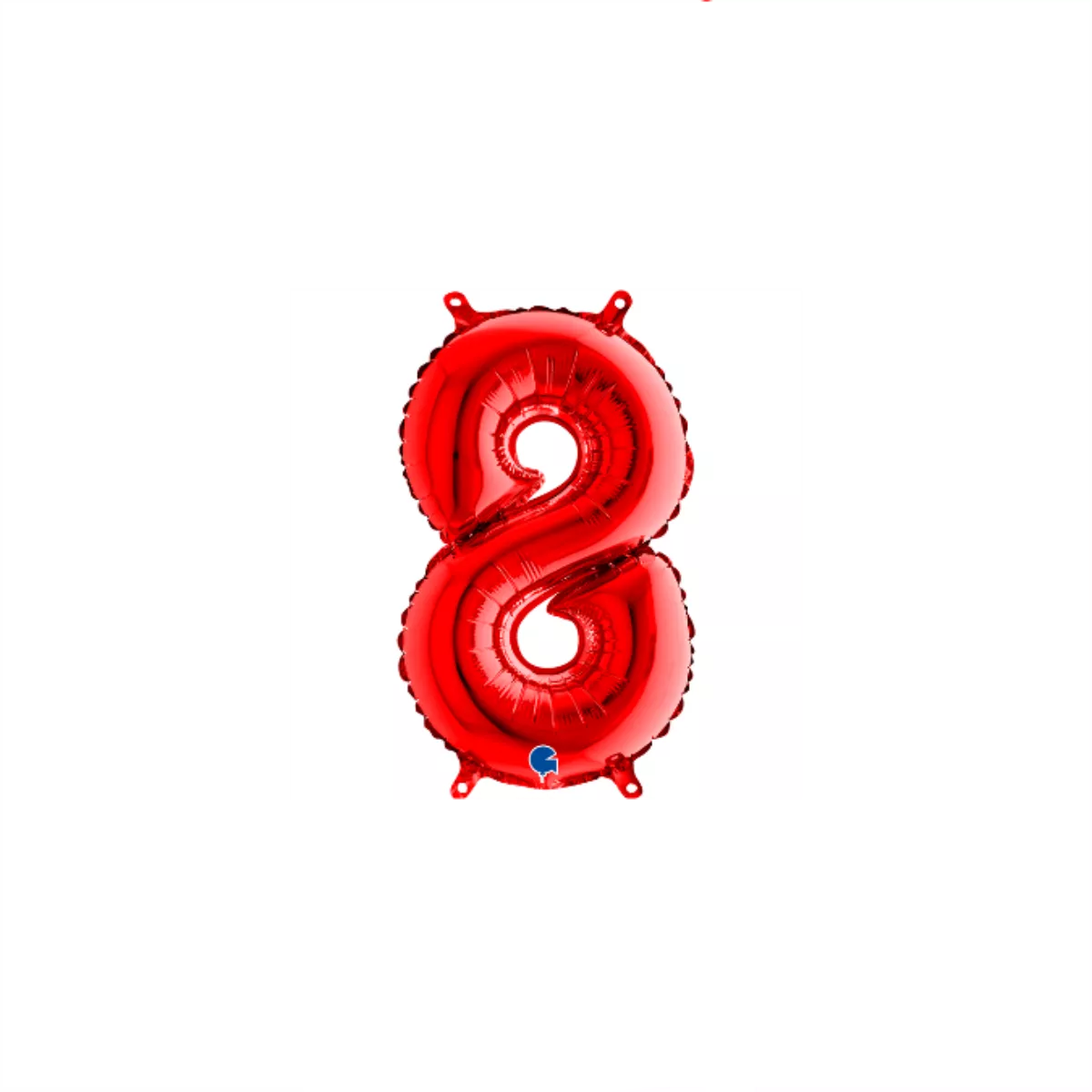 Red Grabo foil balloon in the shape of the number 8, measuring 14 inches, with shiny metallic surface.