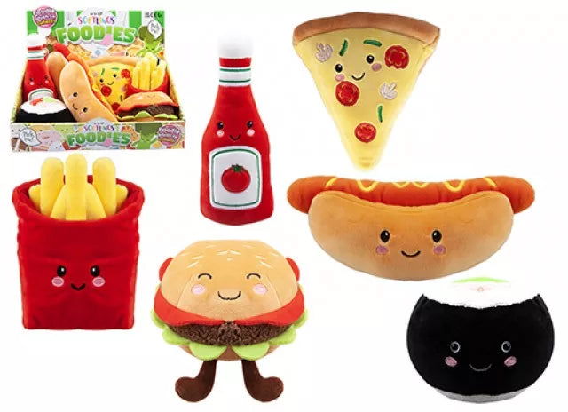 Softlings Fast Foodies soft toys, 16cm plush set featuring colorful food-themed characters from PMS International.