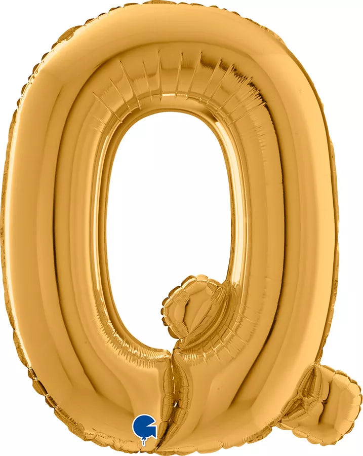 Gold Grabo foil balloon shaped as the letter Q, 26 inches tall, shiny metallic finish, perfect for celebrations and parties.