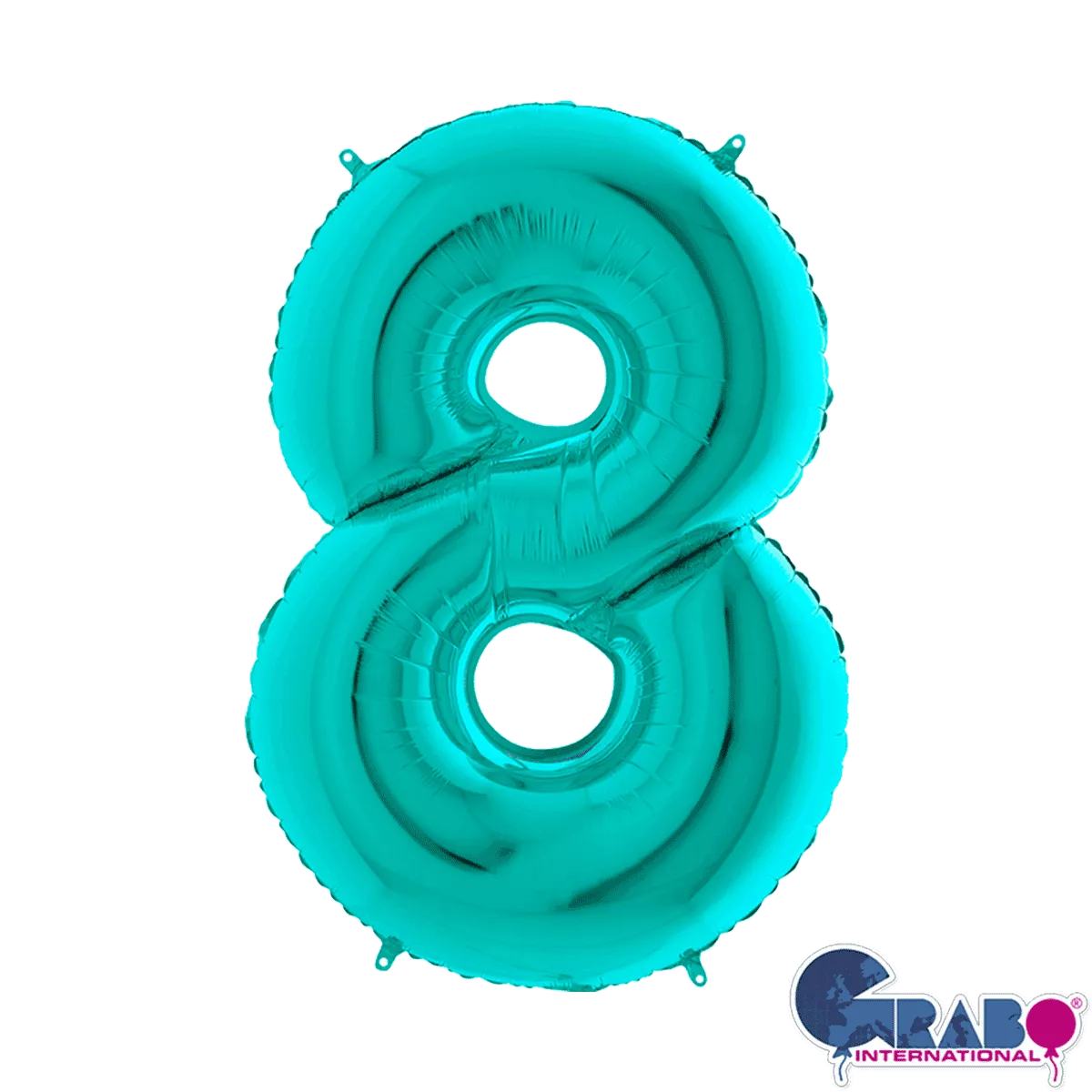 Grabo Tiffany blue foil balloon shaped as number 8, 26 inches tall, with shiny metallic finish for celebration decor.