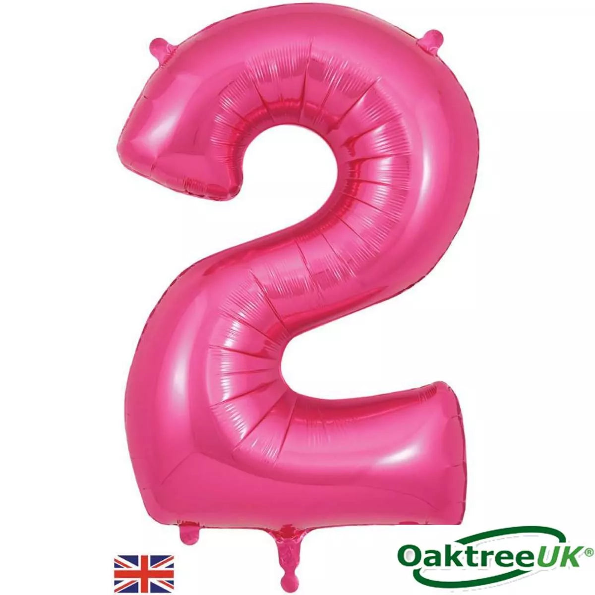 Pink 34-inch Oaktree foil number 2 balloon, shiny and festive for celebrations, with reflective surface and clear number shape.