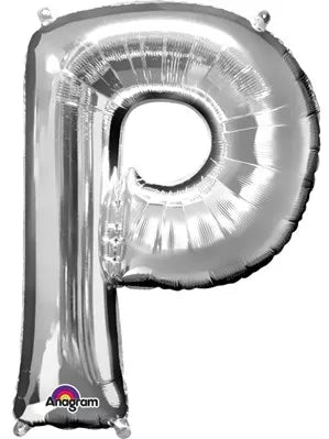 Silver 34-inch Anagram foil balloon in the shape of the letter P, with a shiny metallic finish and smooth surface.