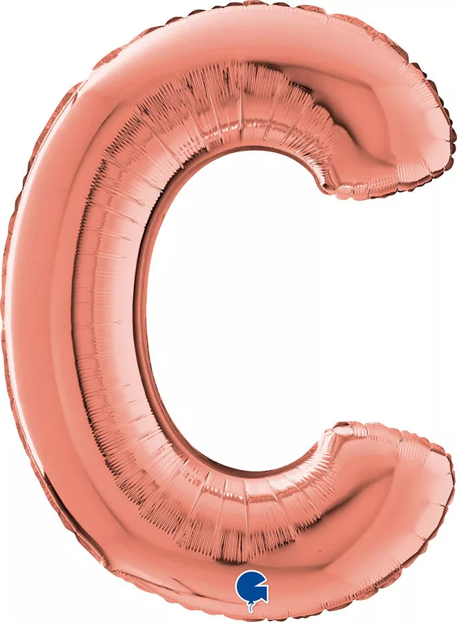 Grabo rose gold foil letter C balloon, 26-inch size, featuring shiny metallic finish and decorative design.