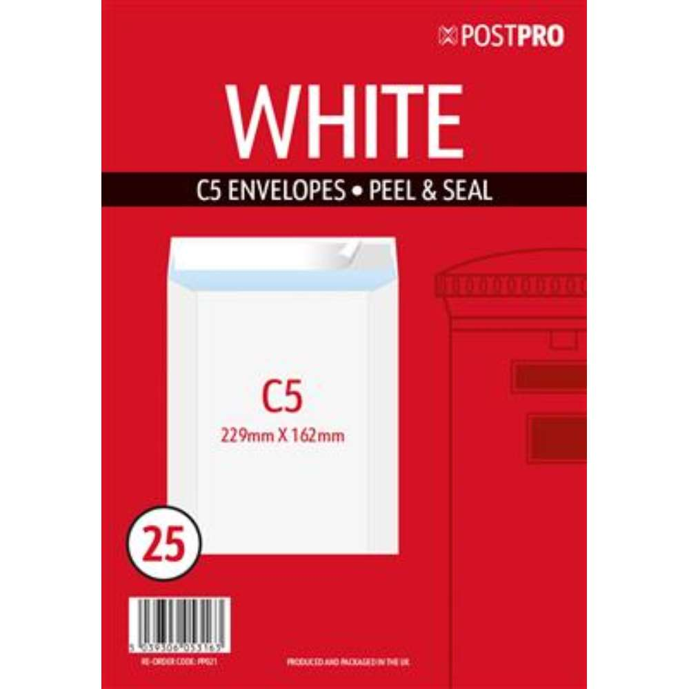 25pk Envelopes C5 162x229mm Peal&Seal White