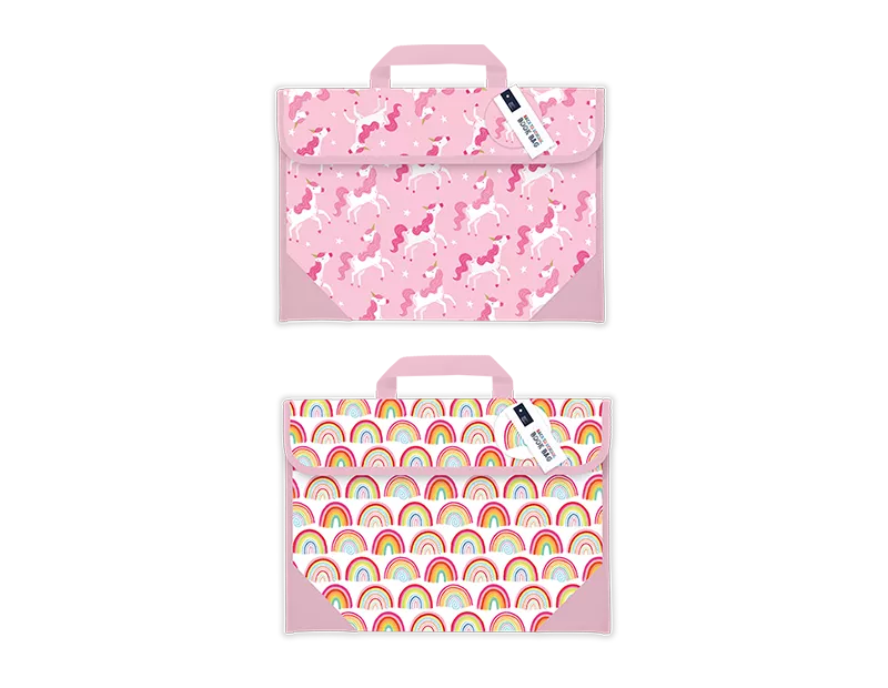 Colorful unicorn and rainbow book bags from Gem Imports, measuring 31.5x38.5cm, perfect for gifts or school supplies.