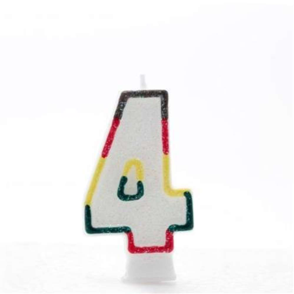 Six rainbow-colored number 4 party candles by APAC, arranged on a white surface for celebration decorations.